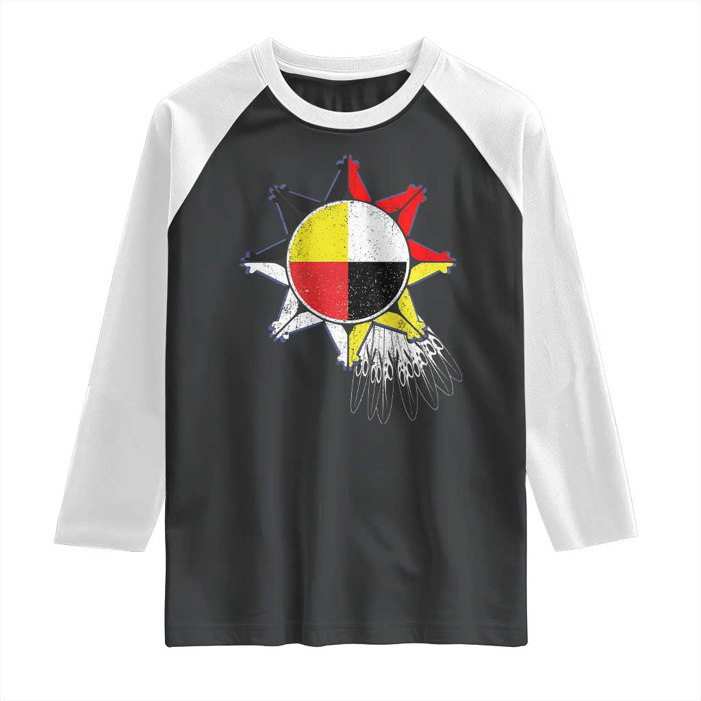 Oglala Lakota Native American Medicine Wheel Feathers Raglan Shirt - Print Your Wear