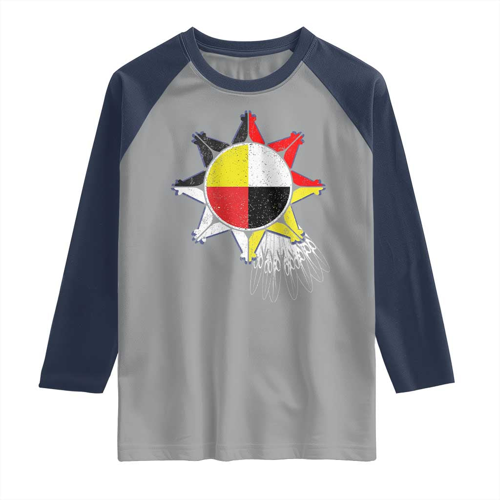 Oglala Lakota Native American Medicine Wheel Feathers Raglan Shirt TS11 Sport Gray Navy Print Your Wear
