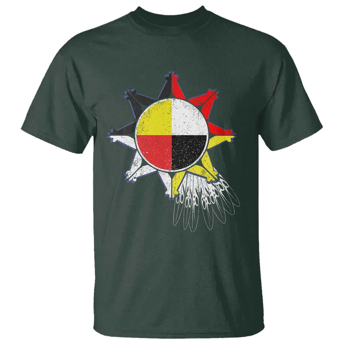 Oglala Lakota Native American Medicine Wheel Feathers T Shirt TS11 Dark Forest Green Print Your Wear