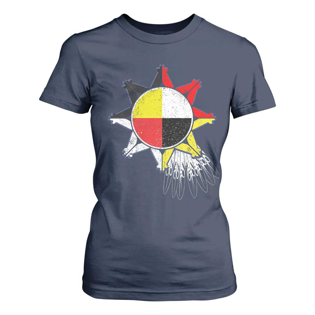 Oglala Lakota Native American Medicine Wheel Feathers T Shirt For Women TS11 Navy Print Your Wear
