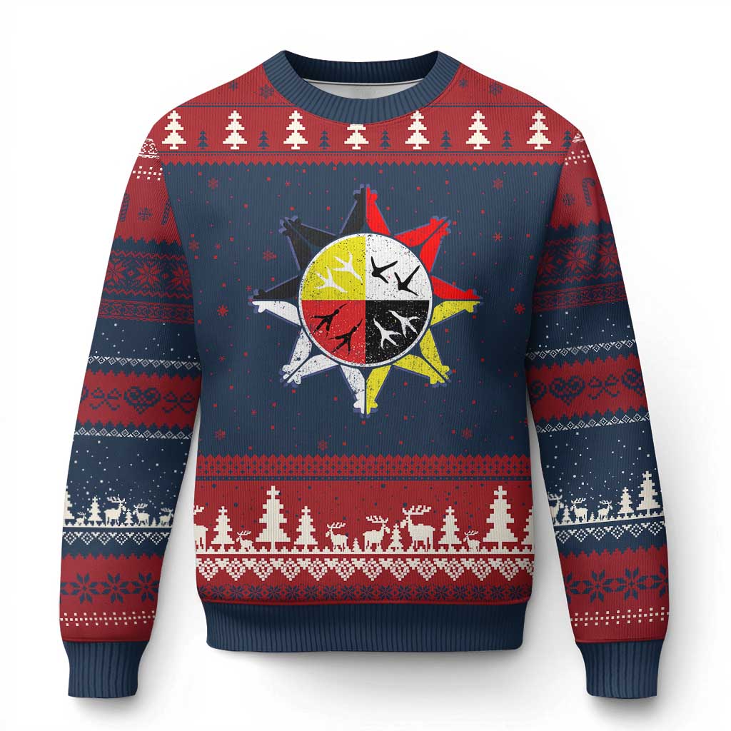Oglala Lakota Nation Medicine Wheel Native American Ugly Christmas Sweater TS11 Navy Red Print Your Wear