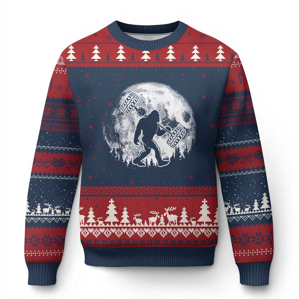 Funny Bigfoot Offroad Car Night Stroll Adventure Ugly Christmas Sweater TS11 Navy Red Print Your Wear