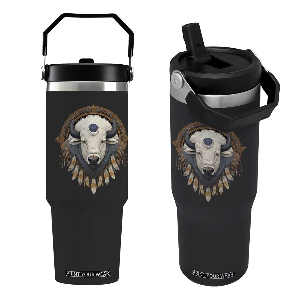 Native American White Buffalo And Eagle Feathers Flip Straw Tumbler TS11 One Size: 30 oz Black Print Your Wear