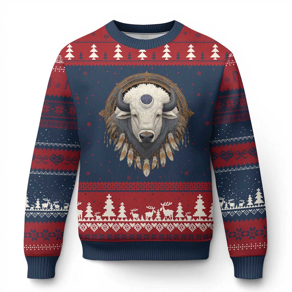 Native American White Buffalo And Eagle Feathers Ugly Christmas Sweater TS11 Navy Red Print Your Wear