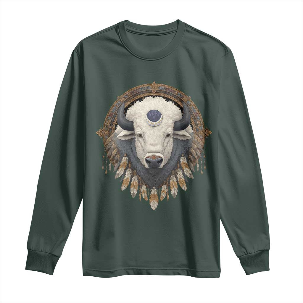 Native American White Buffalo And Eagle Feathers Long Sleeve Shirt TS11 Dark Forest Green Print Your Wear