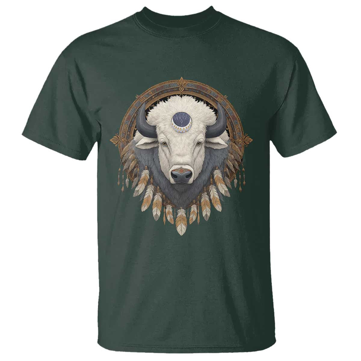 Native American White Buffalo And Eagle Feathers T Shirt TS11 Dark Forest Green Print Your Wear