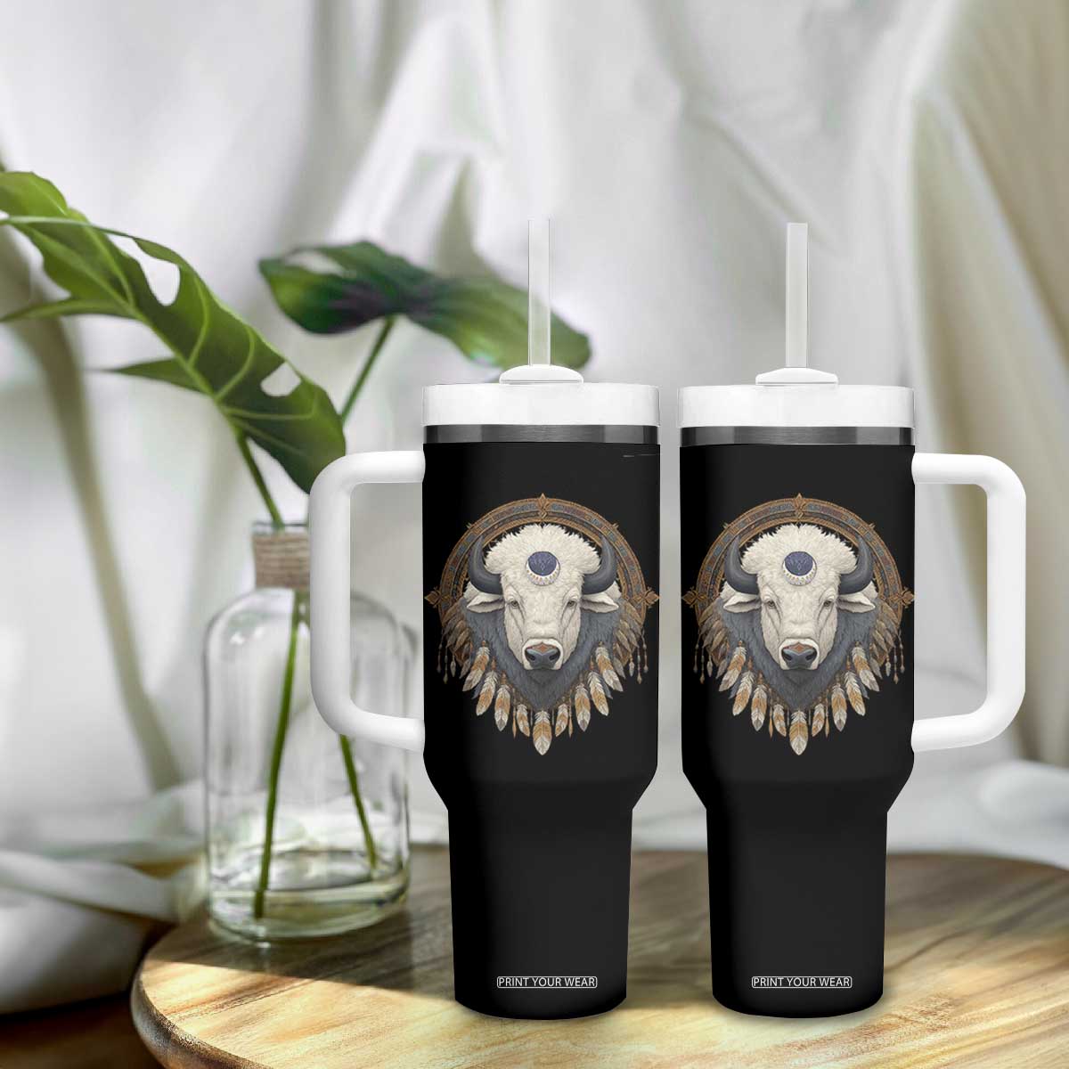 Native American White Buffalo And Eagle Feathers Tumbler With Handle TS11 Print Your Wear