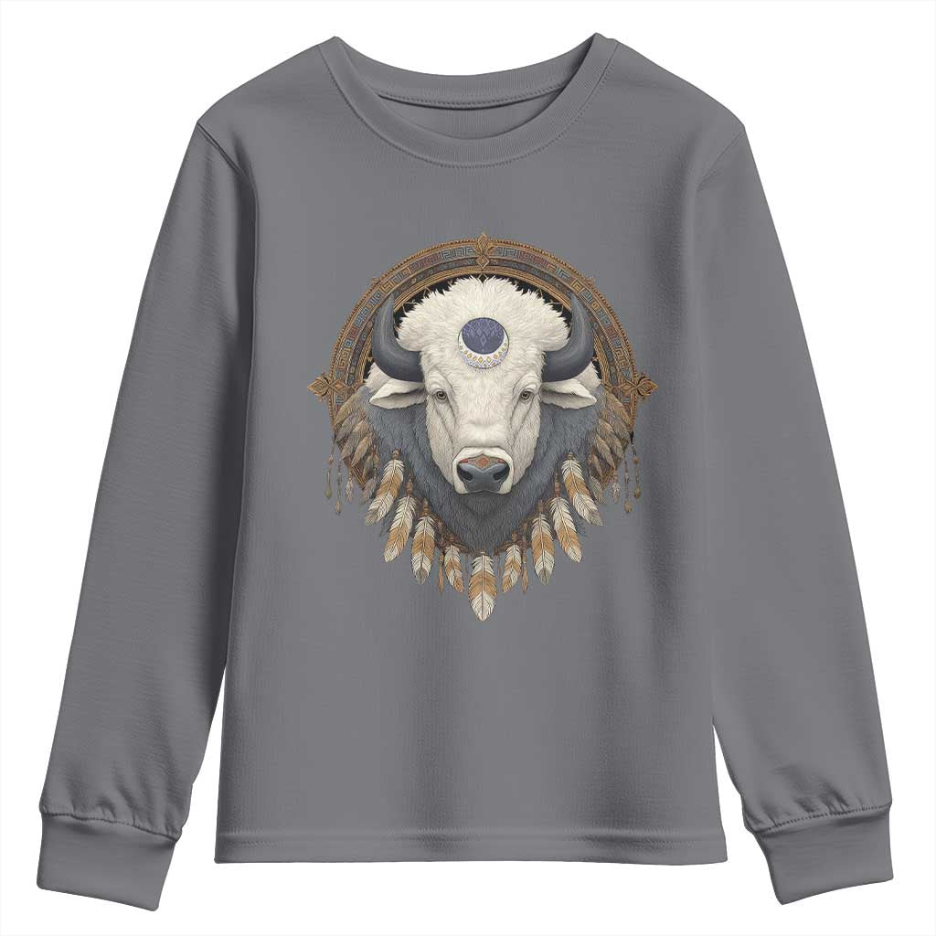 Native American White Buffalo And Eagle Feathers Youth Sweatshirt TS11 Charcoal Print Your Wear