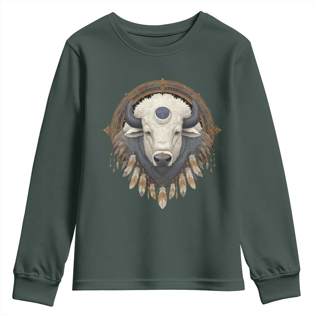 Native American White Buffalo And Eagle Feathers Youth Sweatshirt TS11 Dark Forest Green Print Your Wear