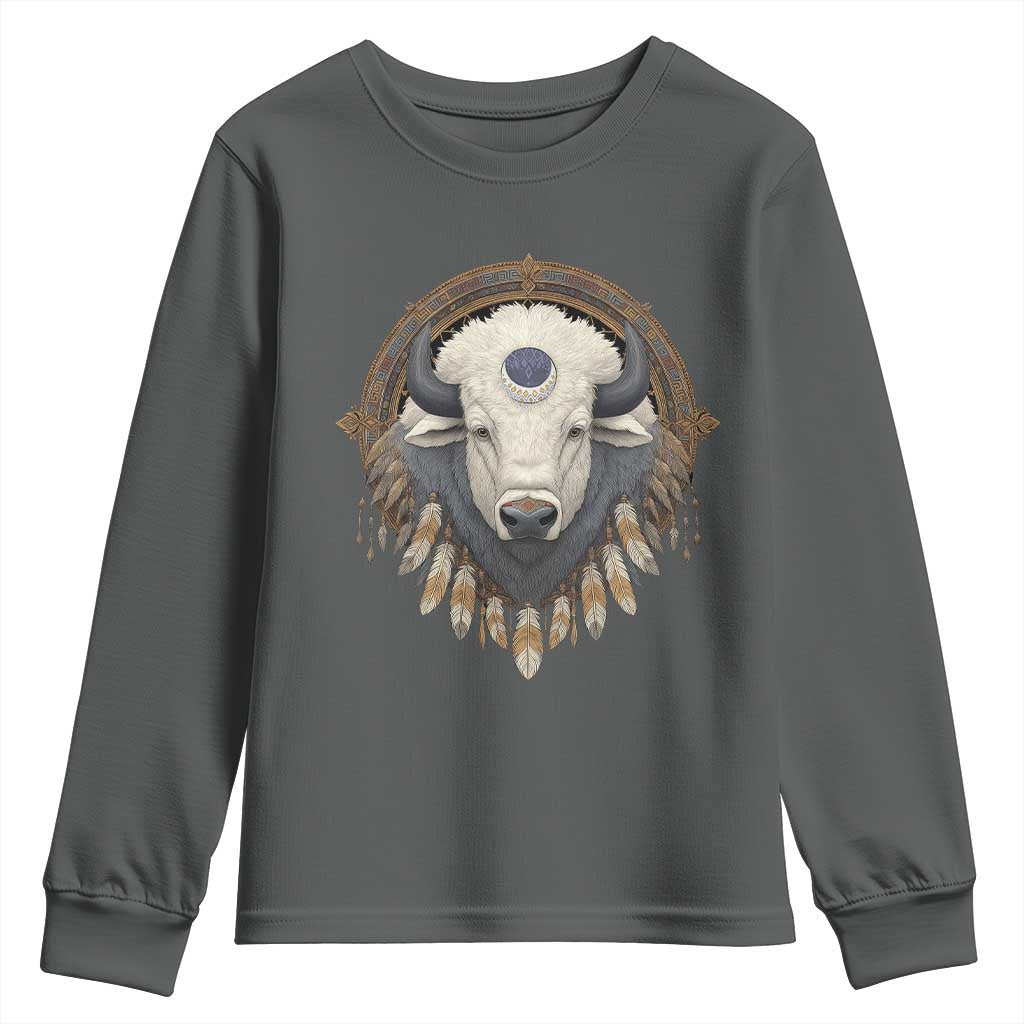 Native American White Buffalo And Eagle Feathers Youth Sweatshirt TS11 Dark Heather Print Your Wear