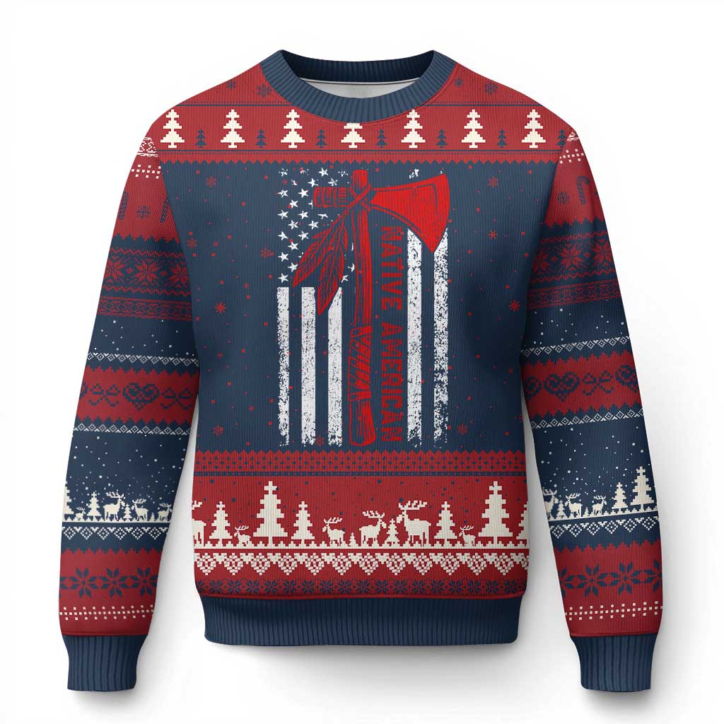 Native American Tomahawk Vintage USA Flag Tribal Tradition Ugly Christmas Sweater - Print Your Wear
