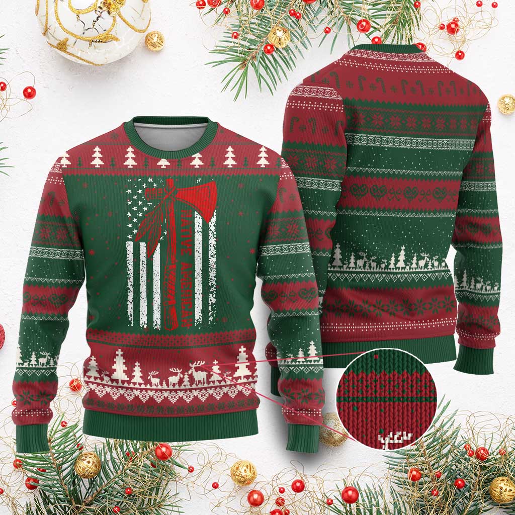 Native American Tomahawk Vintage USA Flag Tribal Tradition Ugly Christmas Sweater TS11 Red Green Print Your Wear