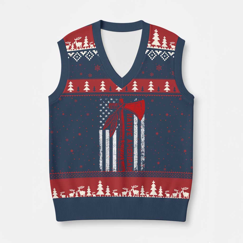 Native American Tomahawk Vintage USA Flag Tribal Tradition V-Neck Knit Sweater Vest - Print Your Wear