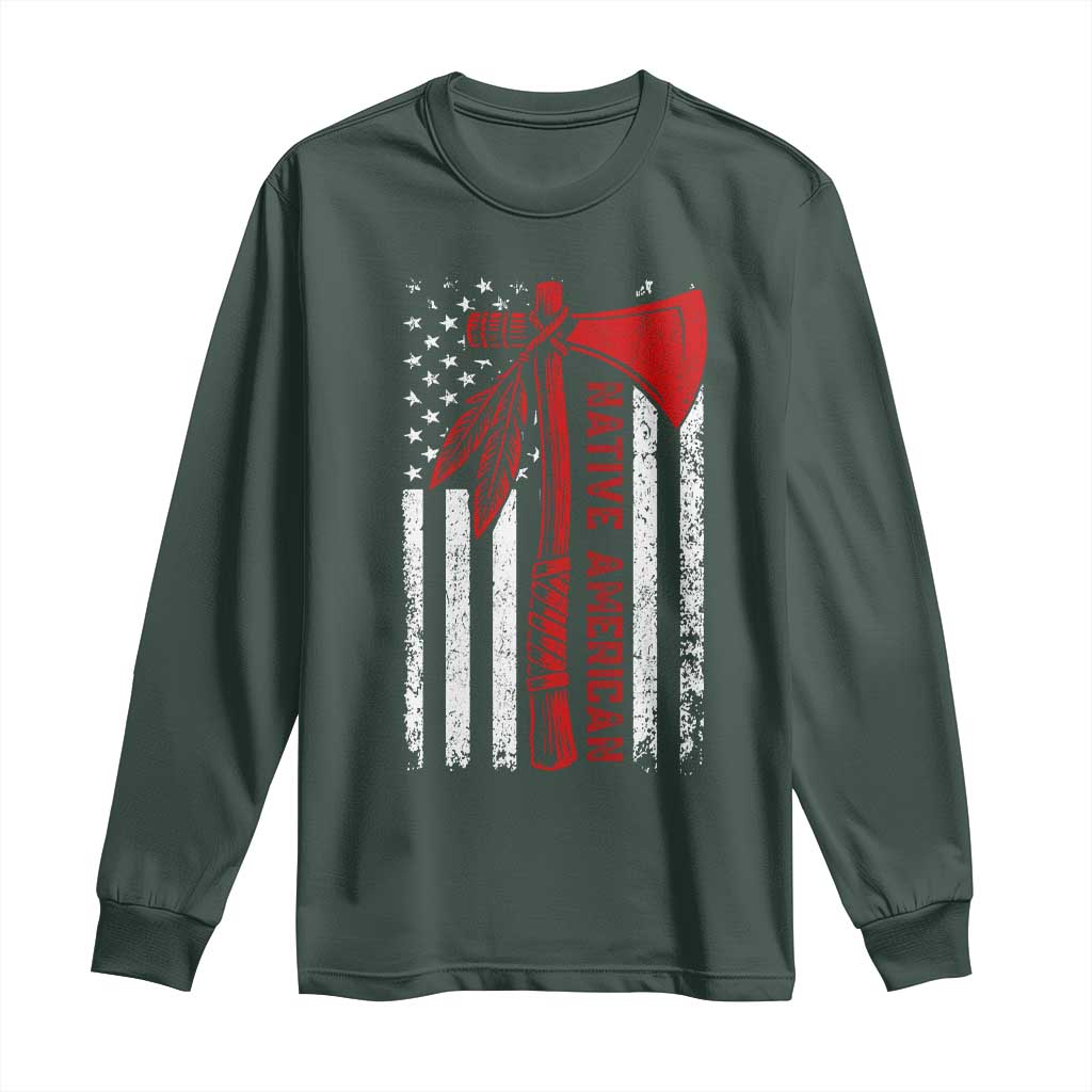 Native American Tomahawk Vintage USA Flag Tribal Tradition Long Sleeve Shirt TS11 Dark Forest Green Print Your Wear