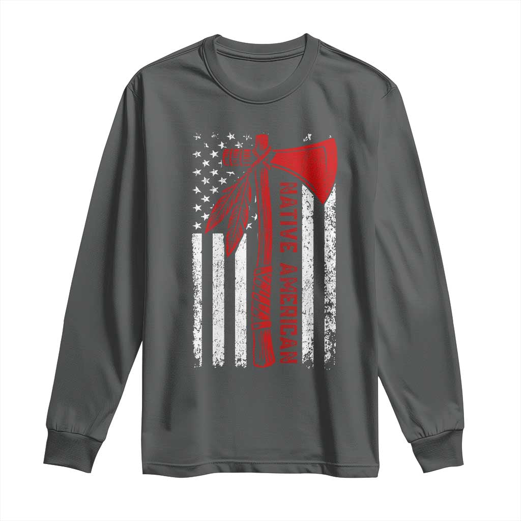 Native American Tomahawk Vintage USA Flag Tribal Tradition Long Sleeve Shirt TS11 Dark Heather Print Your Wear