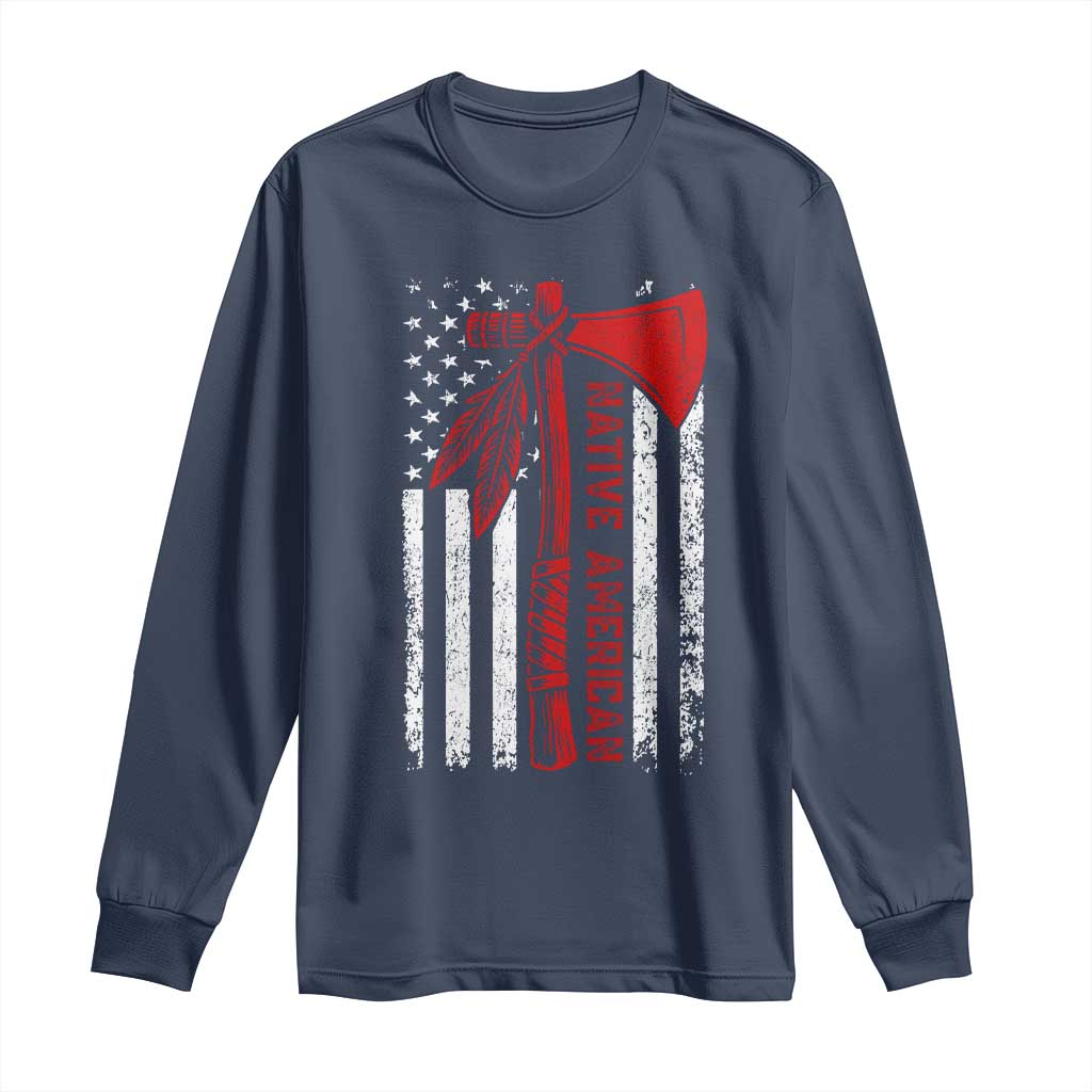 Native American Tomahawk Vintage USA Flag Tribal Tradition Long Sleeve Shirt TS11 Navy Print Your Wear