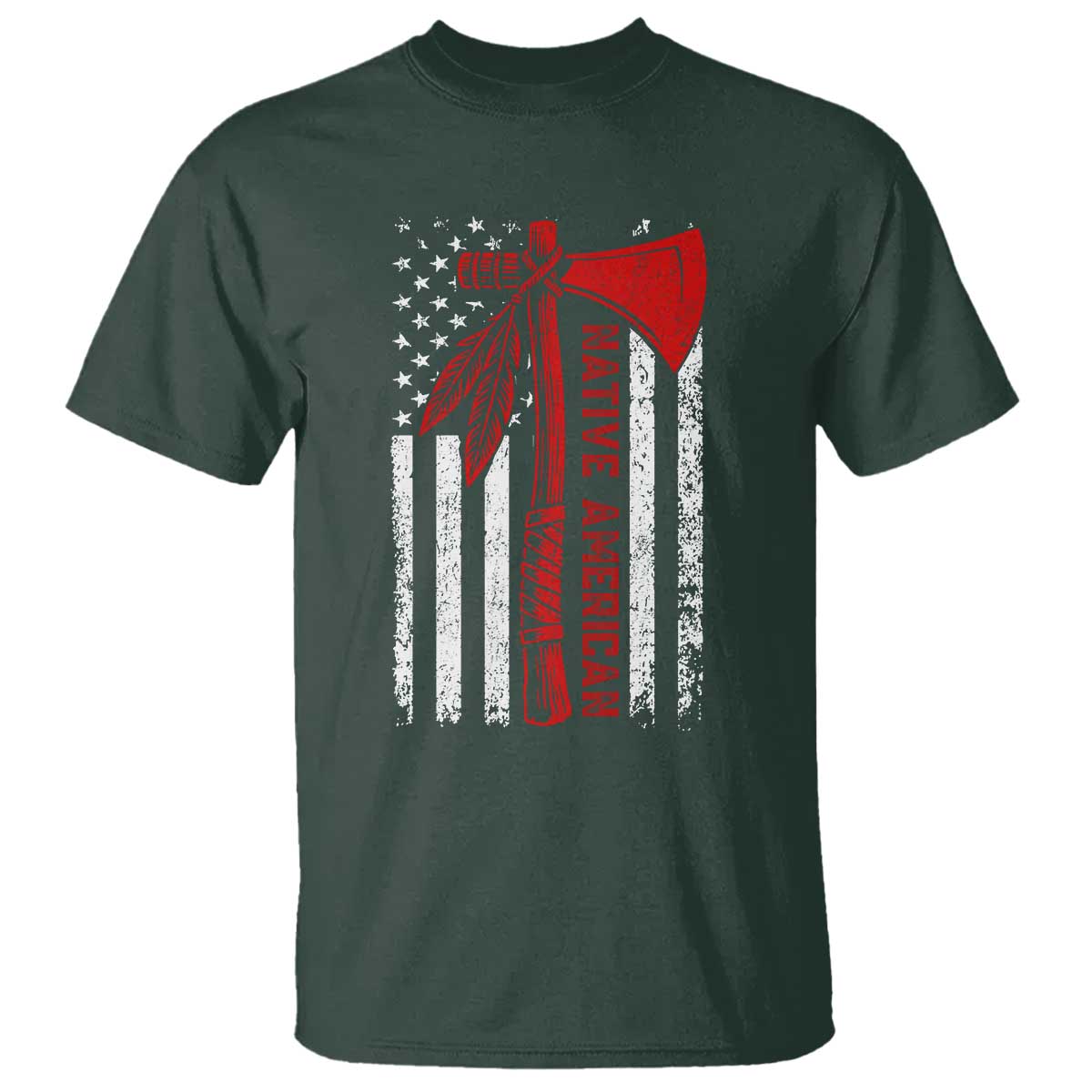 Native American Tomahawk Vintage USA Flag Tribal Tradition T Shirt TS11 Dark Forest Green Print Your Wear