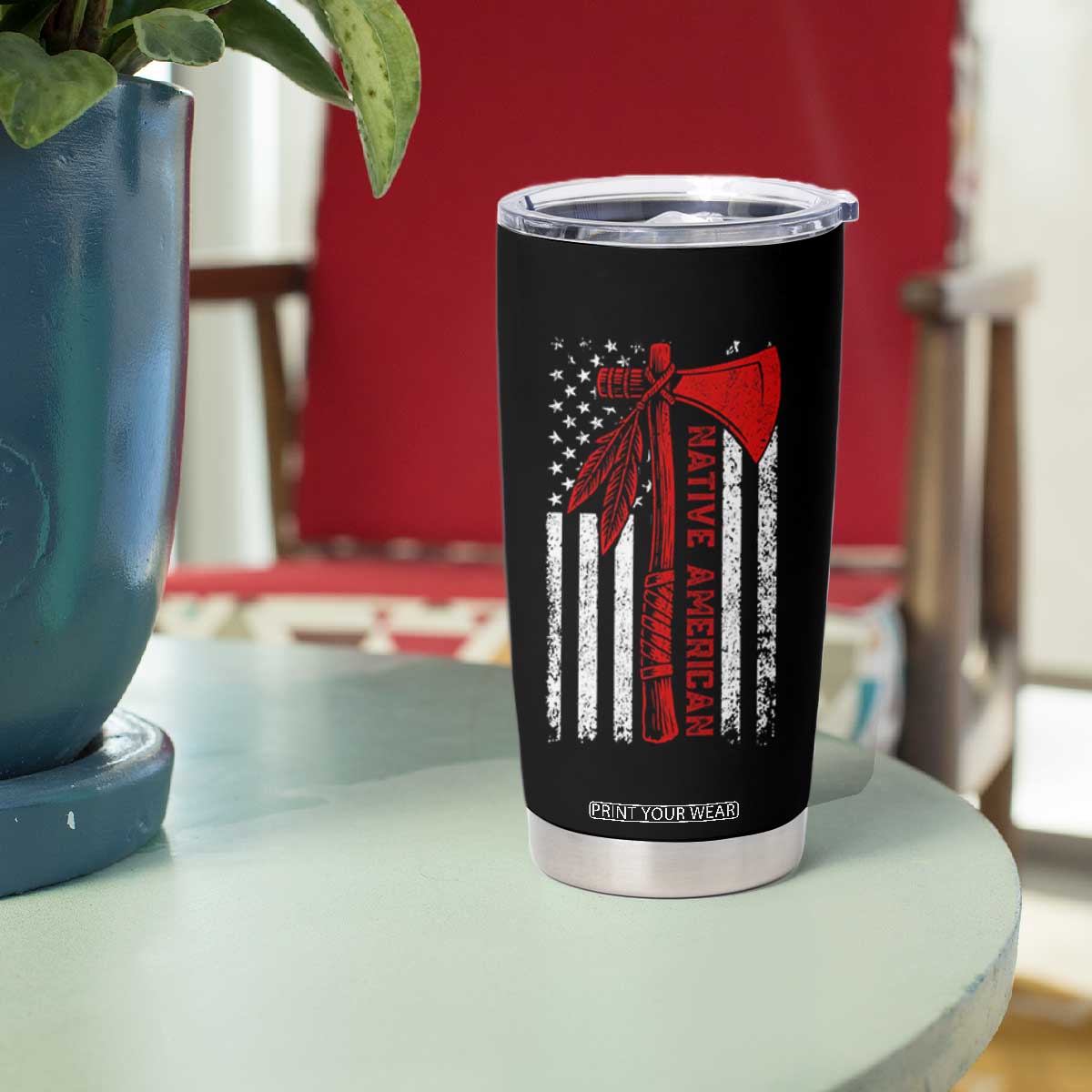 Native American Tomahawk Vintage USA Flag Tribal Tradition Tumbler Cup TS11 Print Your Wear