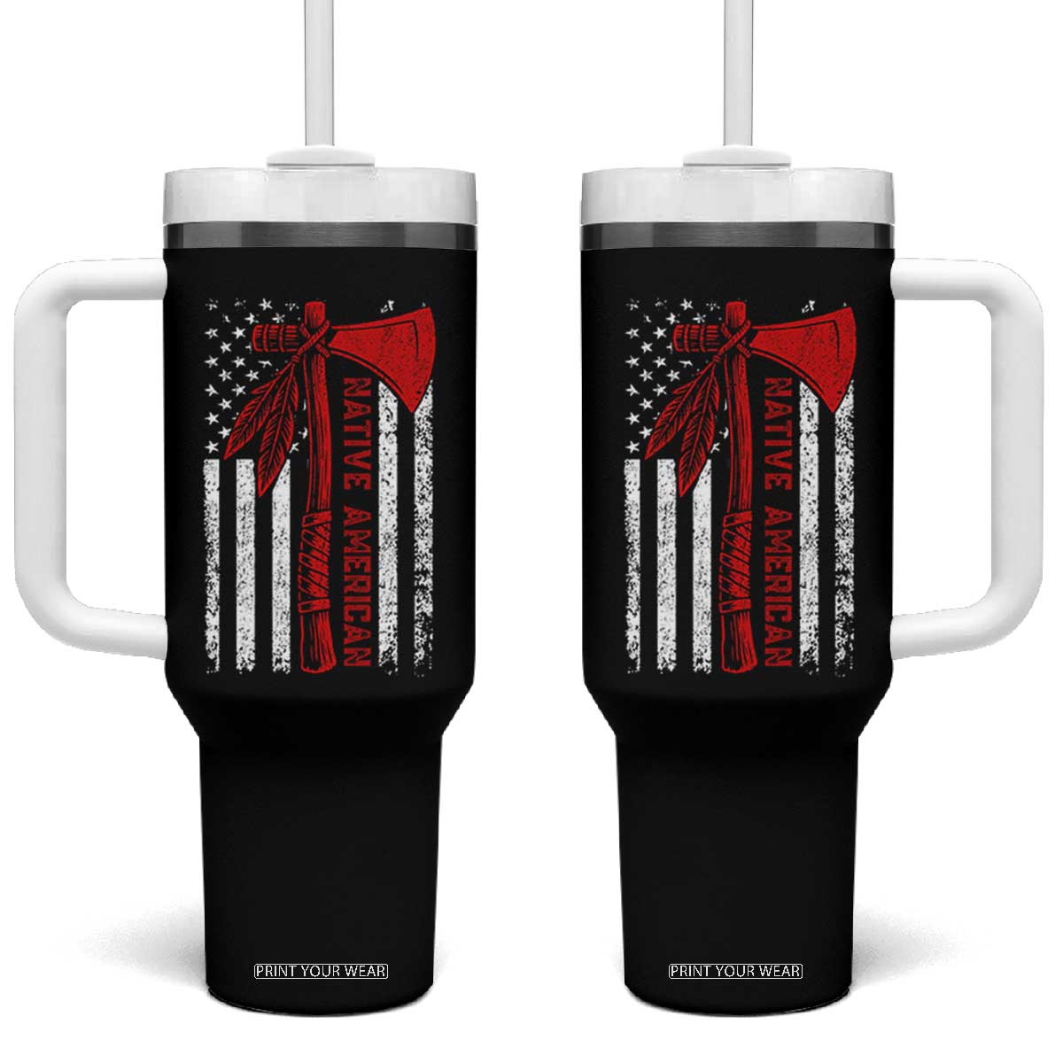 Native American Tomahawk Vintage USA Flag Tribal Tradition Tumbler With Handle TS11 One Size: 40 oz Black Print Your Wear