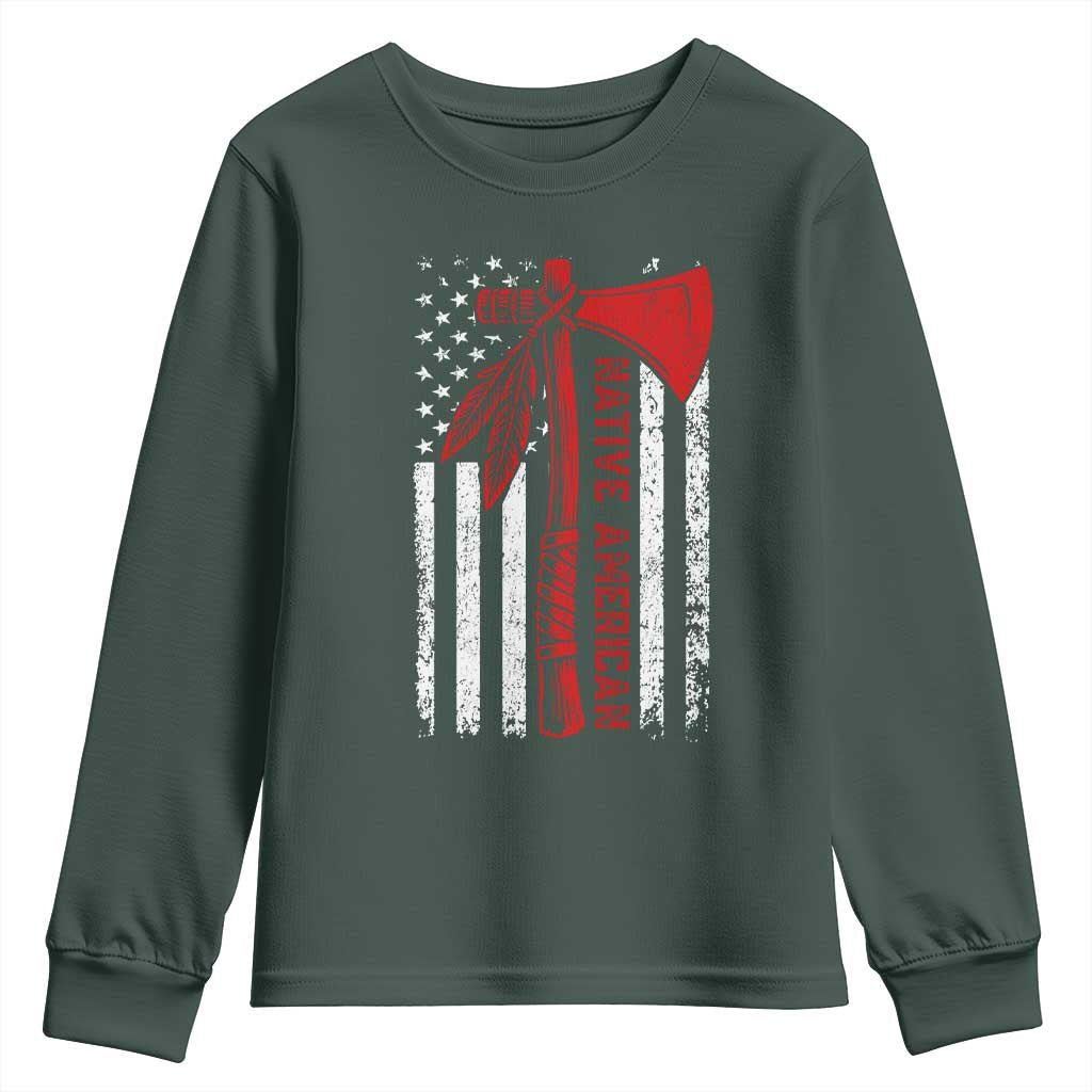 Native American Tomahawk Vintage USA Flag Tribal Tradition Youth Sweatshirt TS11 Dark Forest Green Print Your Wear