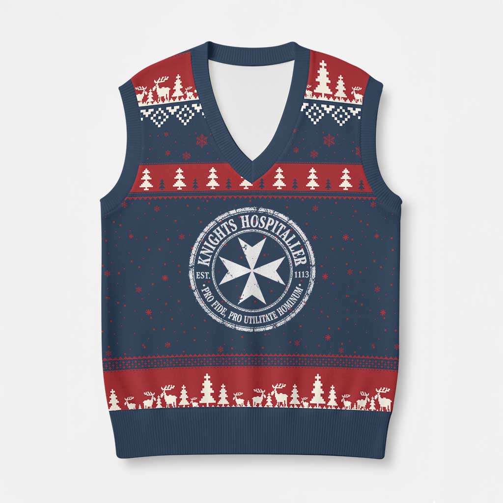 Knights Hospitaller V-Neck Knit Sweater Vest Pro Fide Pro Utilitate Hominum est 1113 Maltese Catholic Christian TS11 Navy Red Print Your Wear