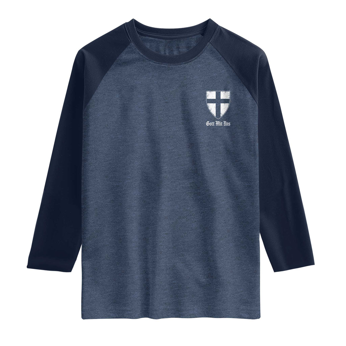 Teutonic Order Flag Cross Gott Mit Uns Raglan Shirt Knight Insignia Arms Shield TS11 Heather Denim Navy Print Your Wear