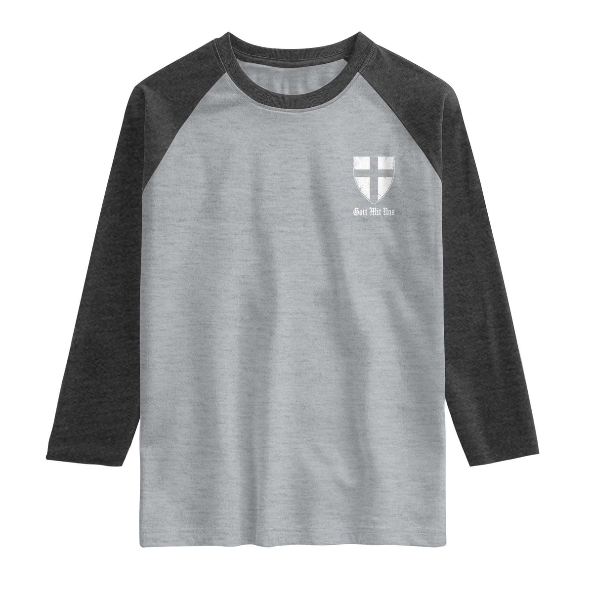 Teutonic Order Flag Cross Gott Mit Uns Raglan Shirt Knight Insignia Arms Shield TS11 Heather Gray Heather Charcoal Print Your Wear