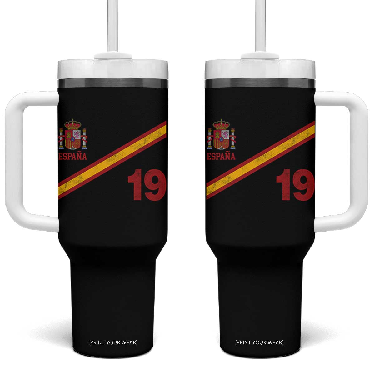 Espana Spain Football Tumbler With Handle Spanish Flag Stripes Number 19 Athletic Soccer National Pride TS11 One Size: 40 oz Black Print Your Wear