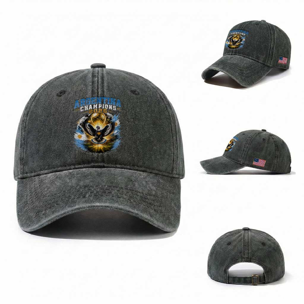 Argentina Champions 2026 Washed Cotton Baseball Cap Proud Argentinian Football Fan TS11 Washed Cap Universal Fit Dark Green Print Your Wear