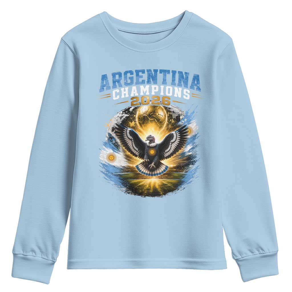 Argentina Champions 2026 Youth Sweatshirt Proud Argentinian Football Fan TS11 Light Blue Print Your Wear