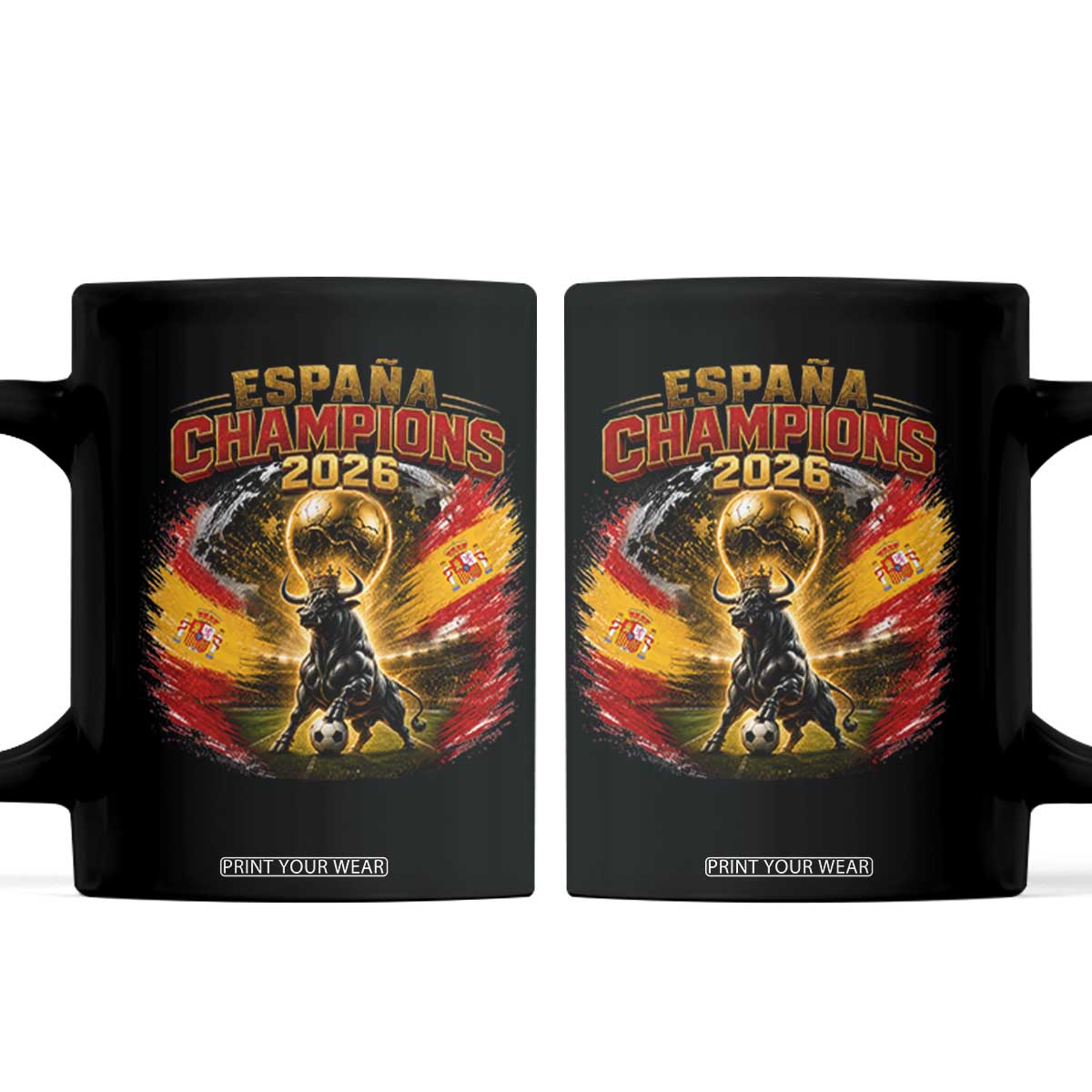 Espana Champions 2026 Coffee Mug Spain Football Fan Spanish Bull Graphic TS11 Black Print Your Wear