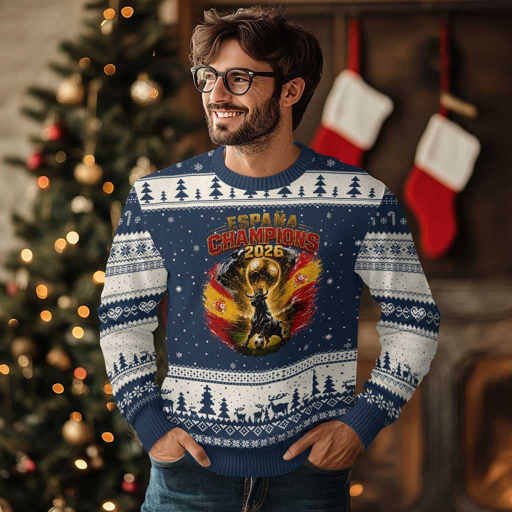 Espana Champions 2026 Ugly Christmas Sweater Spain Football Fan Spanish Bull Graphic TS11 Navy Beige Print Your Wear