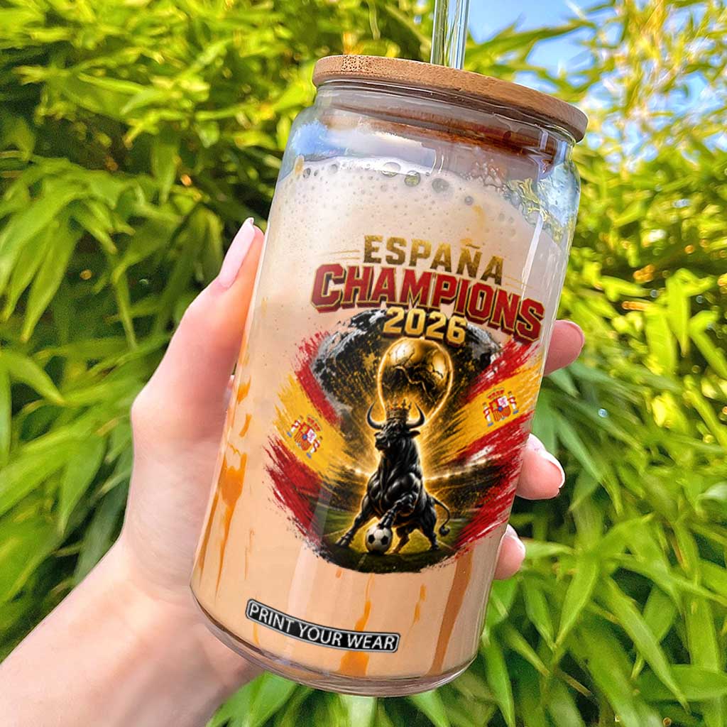 Espana Champions 2026 Glass Can Spain Football Fan Spanish Bull Graphic TS11 Black Print Your Wear