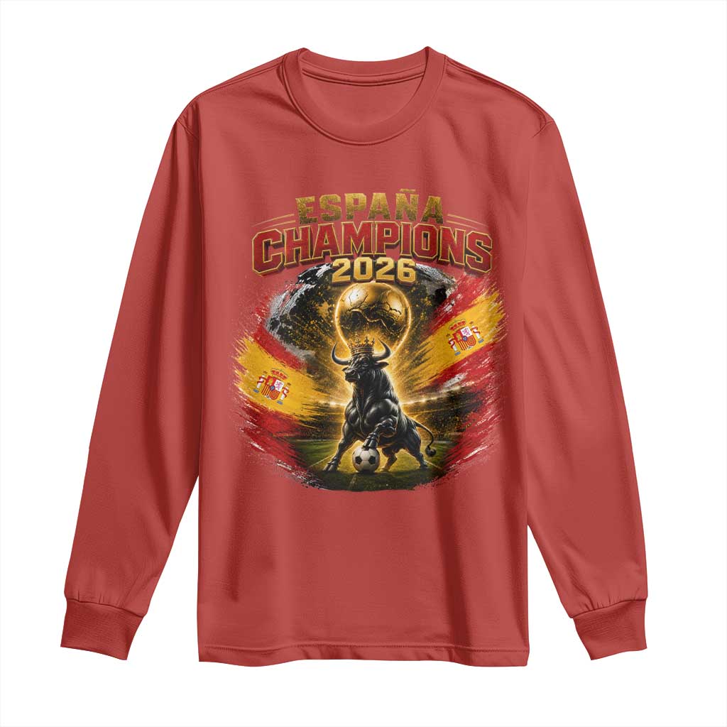 Espana Champions 2026 Long Sleeve Shirt Spain Football Fan Spanish Bull Graphic TS11 Red Print Your Wear