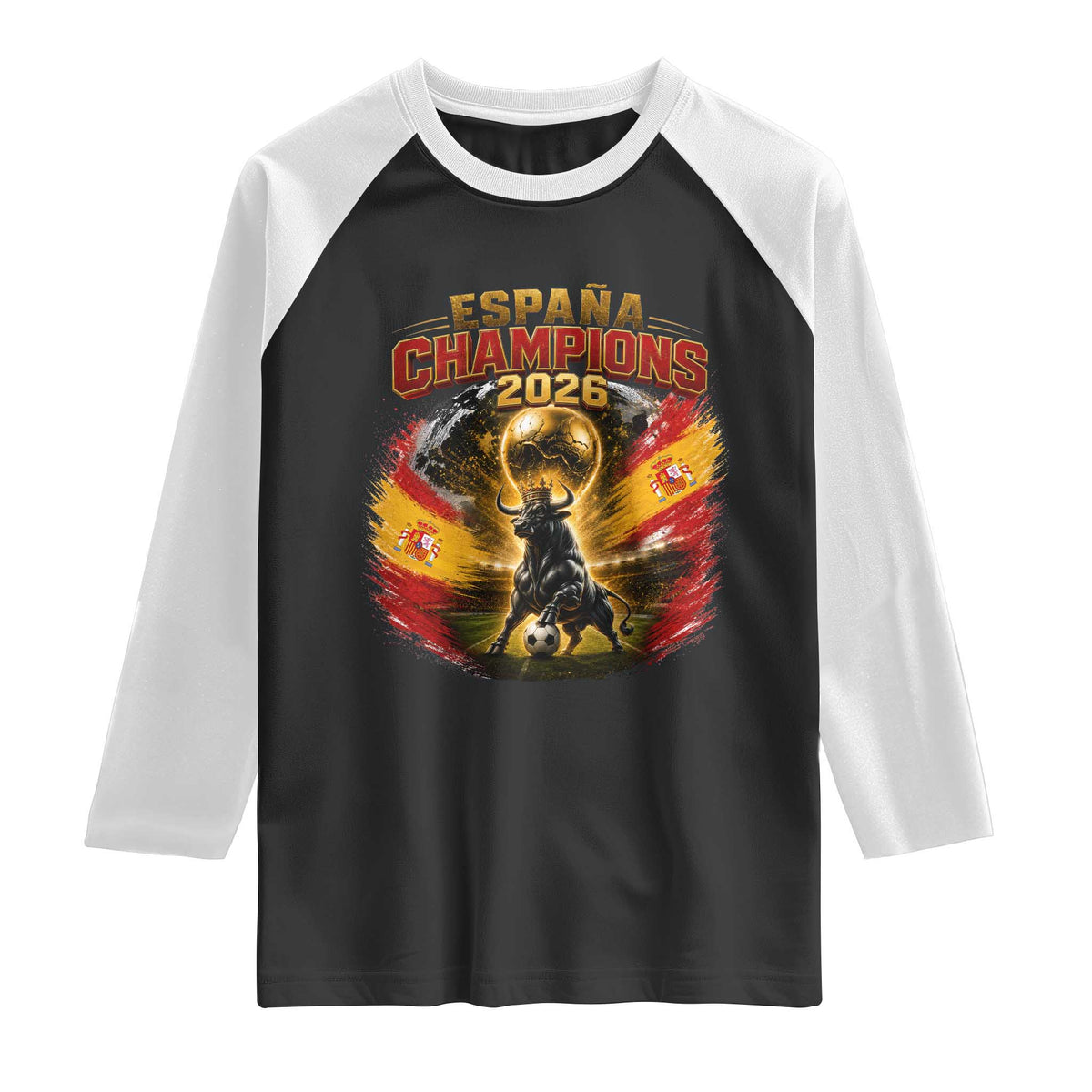 Espana Champions 2026 Raglan Shirt Spain Football Fan Spanish Bull Graphic TS11 Black White Print Your Wear