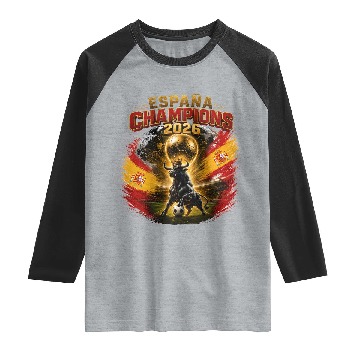 Espana Champions 2026 Raglan Shirt Spain Football Fan Spanish Bull Graphic TS11 Heather Gray Black Print Your Wear