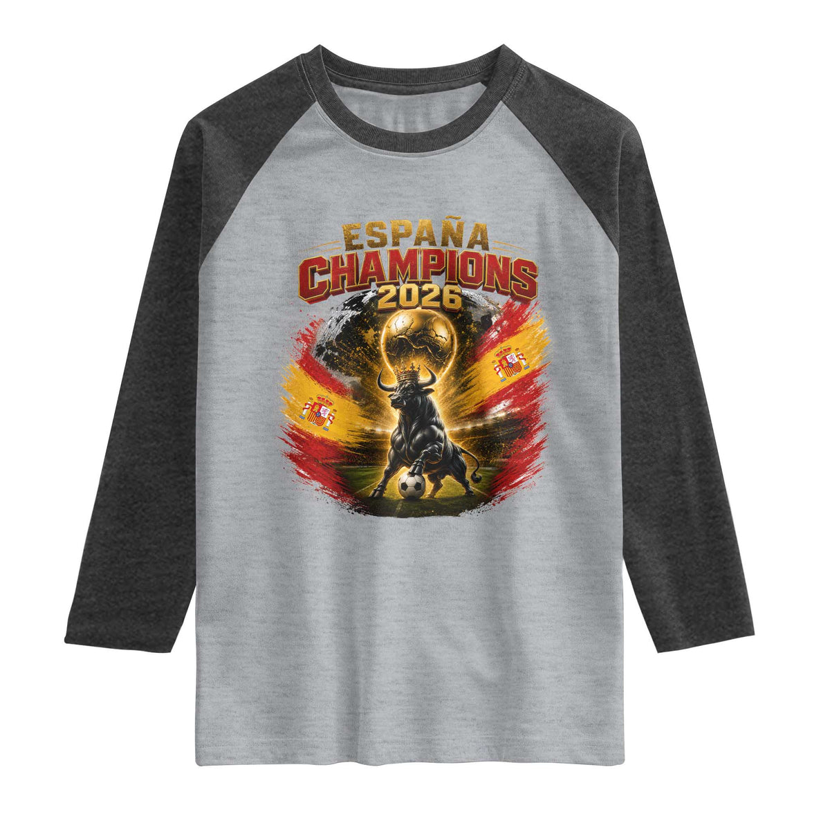 Espana Champions 2026 Raglan Shirt Spain Football Fan Spanish Bull Graphic TS11 Heather Gray Heather Charcoal Print Your Wear
