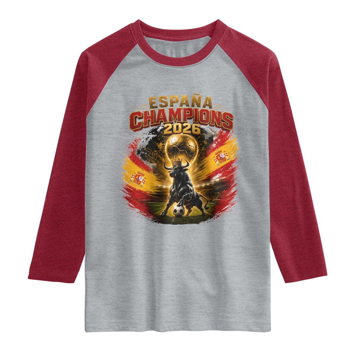 Espana Champions 2026 Raglan Shirt Spain Football Fan Spanish Bull Graphic TS11 Heather Gray Heather Red Print Your Wear
