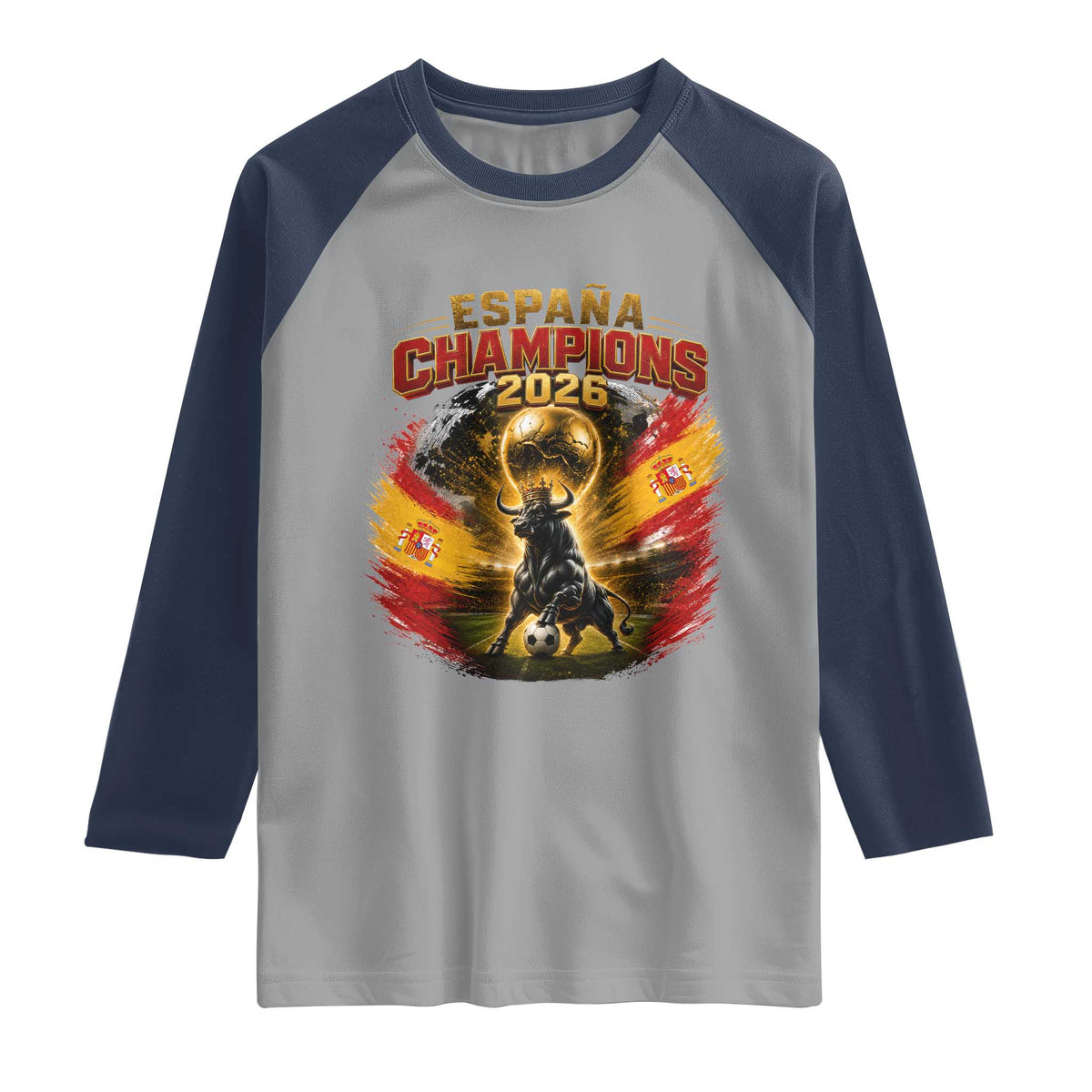 Espana Champions 2026 Raglan Shirt Spain Football Fan Spanish Bull Graphic TS11 Sport Gray Navy Print Your Wear