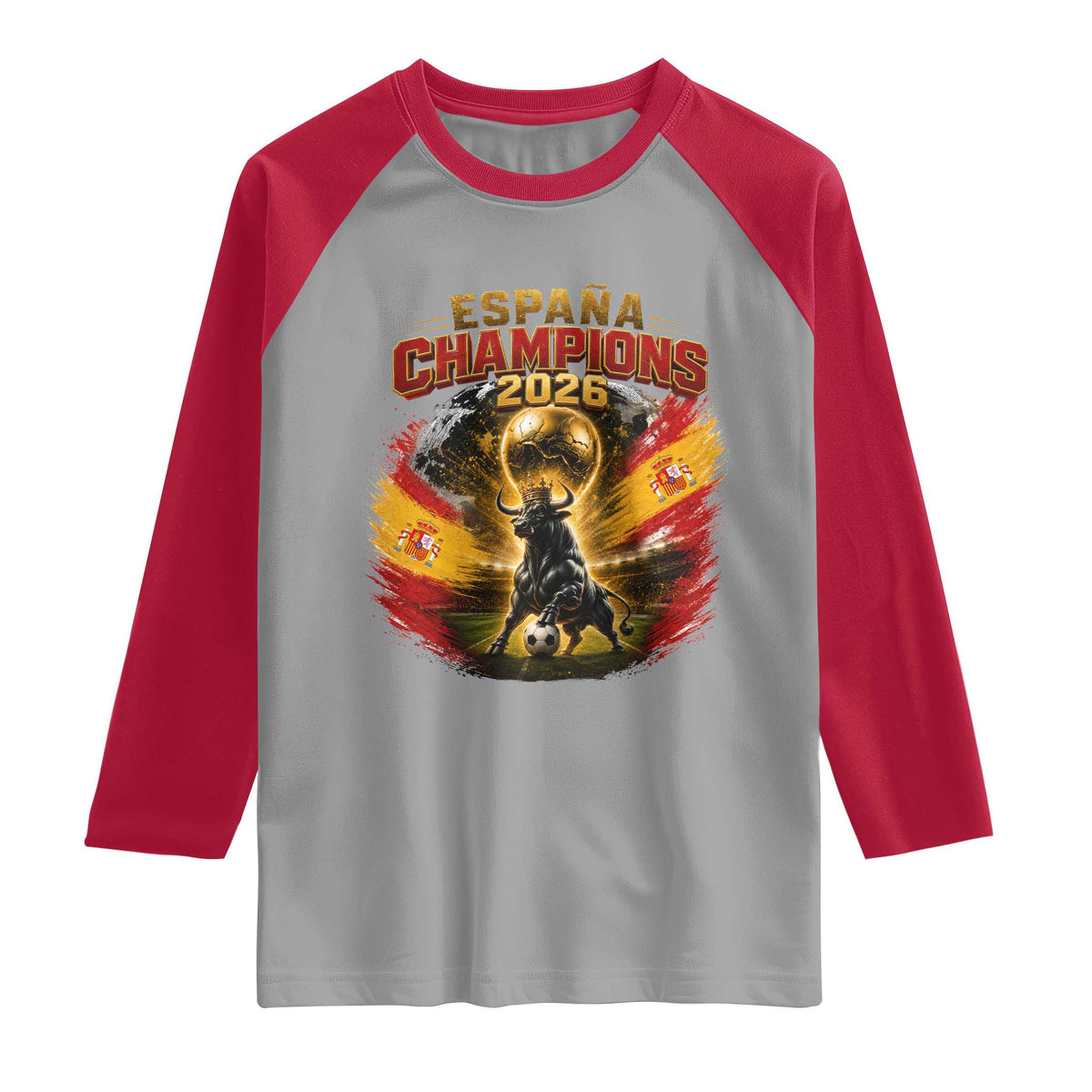 Espana Champions 2026 Raglan Shirt Spain Football Fan Spanish Bull Graphic TS11 Sport Gray Red Print Your Wear
