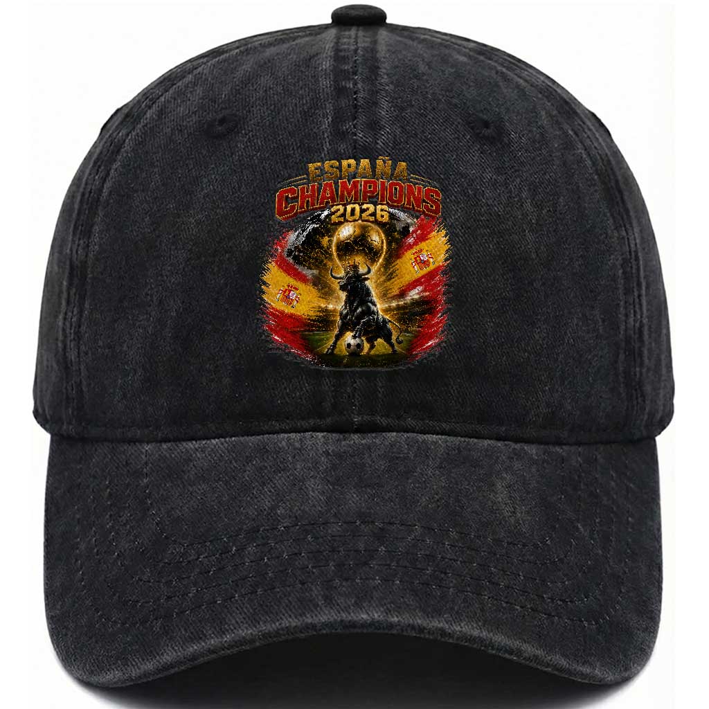 Espana Champions 2026 Washed Cotton Baseball Cap Spain Football Fan Spanish Bull Graphic TS11 Print Your Wear