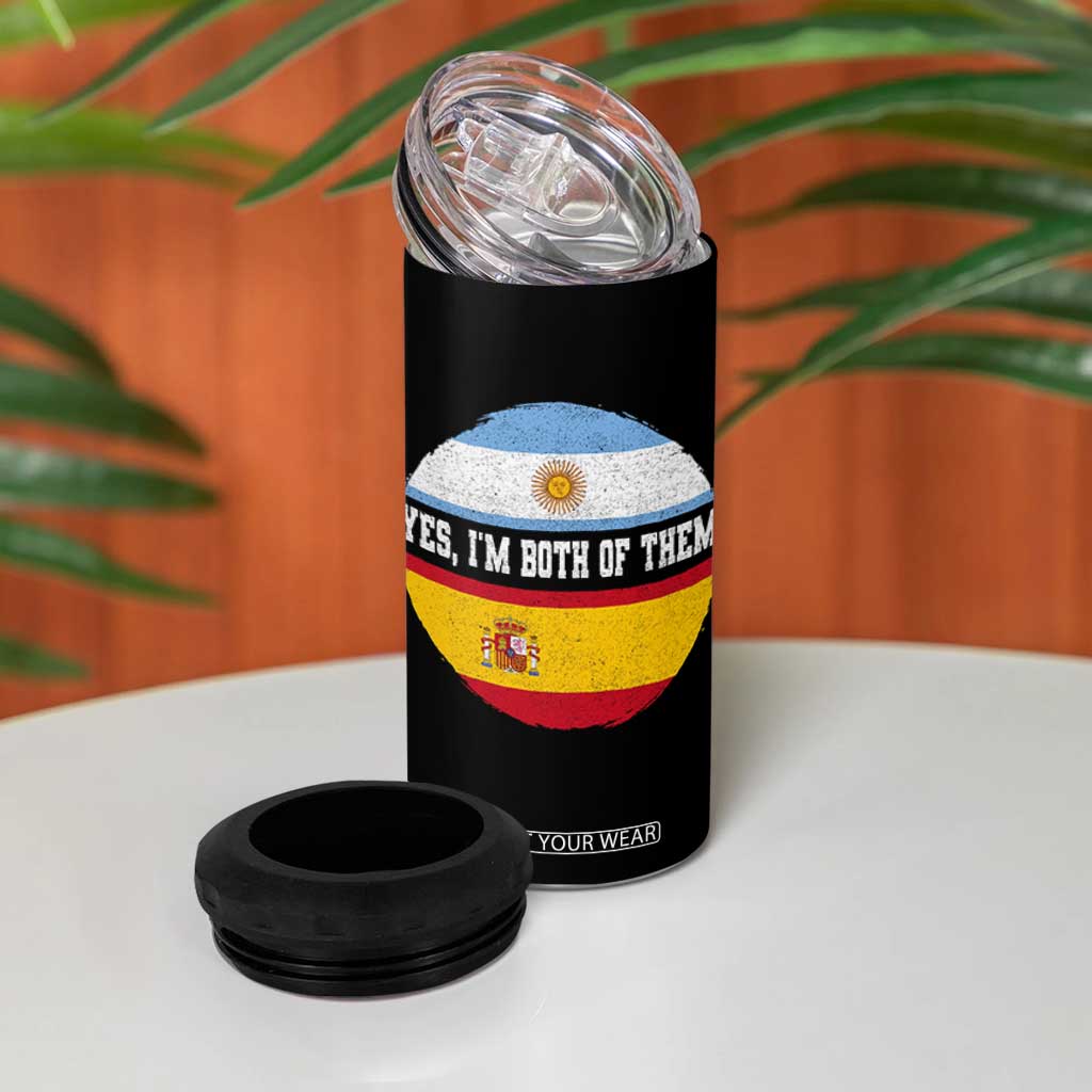 Spanish Argentinian Roots 4 in 1 Can Cooler Tumbler Yes I'm Both Of Them Vintage Spain Argentina Half Flag