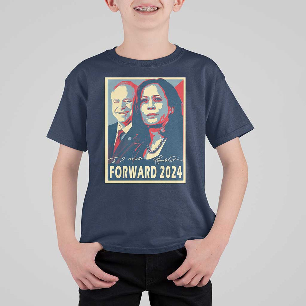 Harris Walz T Shirt For Kid Forward 2024 Not Going Back Signature Portraits TS11 Navy Print Your Wear