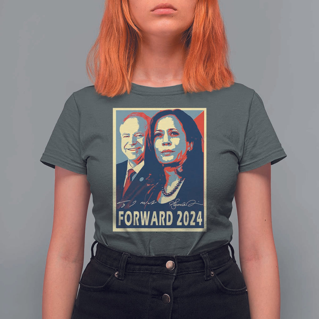 Harris Walz T Shirt For Women Forward 2024 Not Going Back Signature Portraits TS11 Dark Heather Print Your Wear