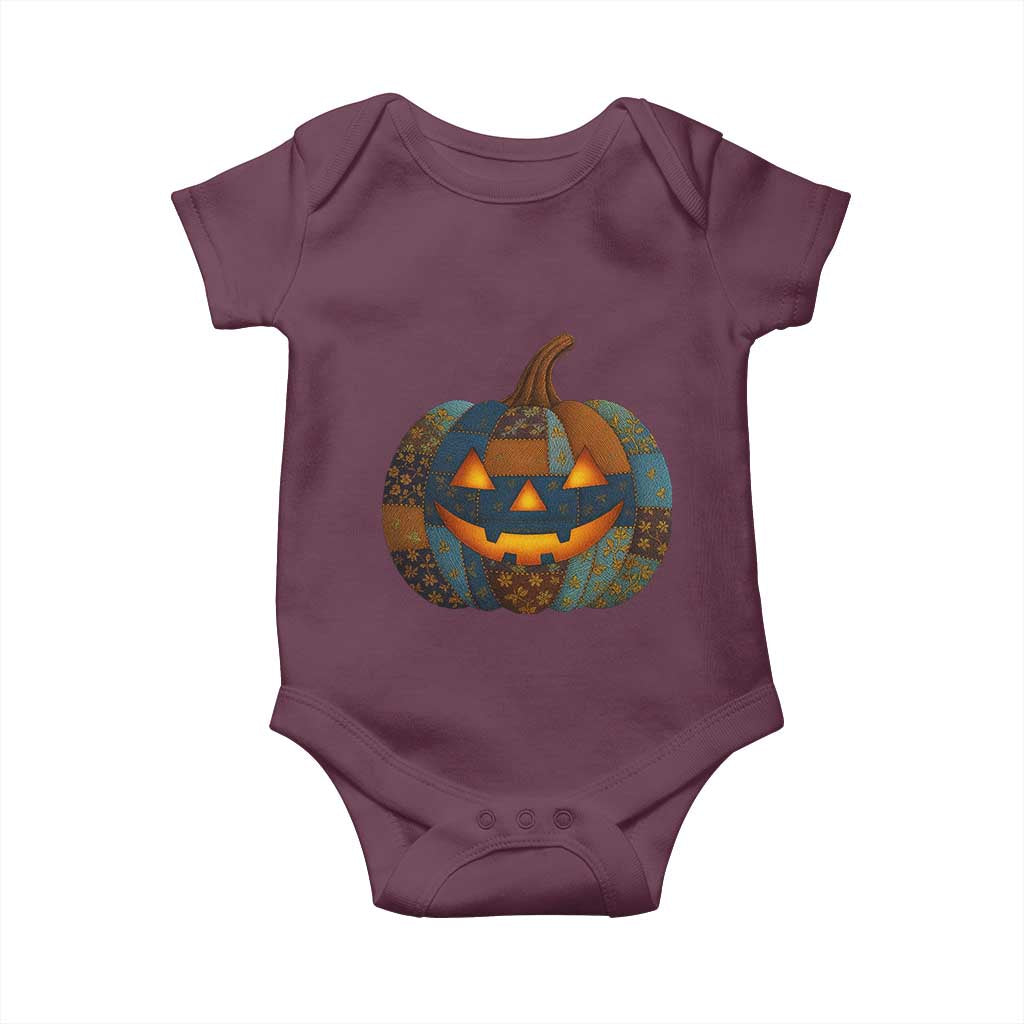 Halloween Blue Denim Patchwork Spooky Pumpkin Baby Onesie TS11 Maroon Print Your Wear