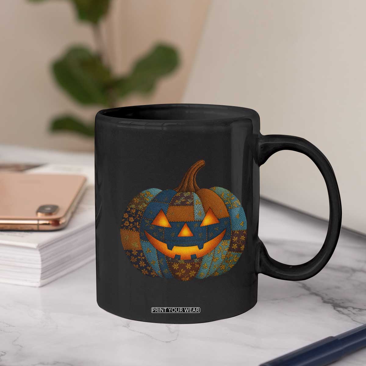 Halloween Blue Denim Patchwork Spooky Pumpkin Coffee Mug TS11 Print Your Wear