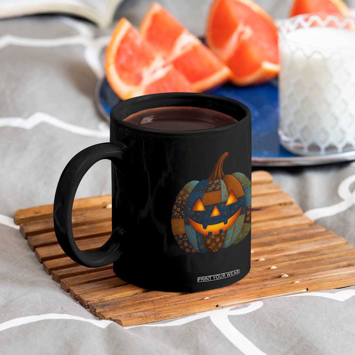 Halloween Blue Denim Patchwork Spooky Pumpkin Coffee Mug TS11 Print Your Wear