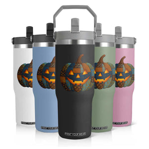 Halloween Blue Denim Patchwork Spooky Pumpkin Flip Straw Tumbler TS11 Print Your Wear
