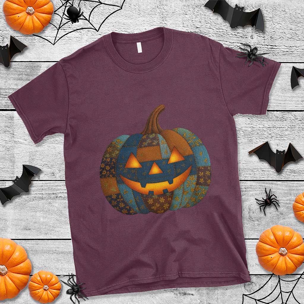 Halloween Blue Denim Patchwork Spooky Pumpkin T Shirt TS11 Maroon Print Your Wear