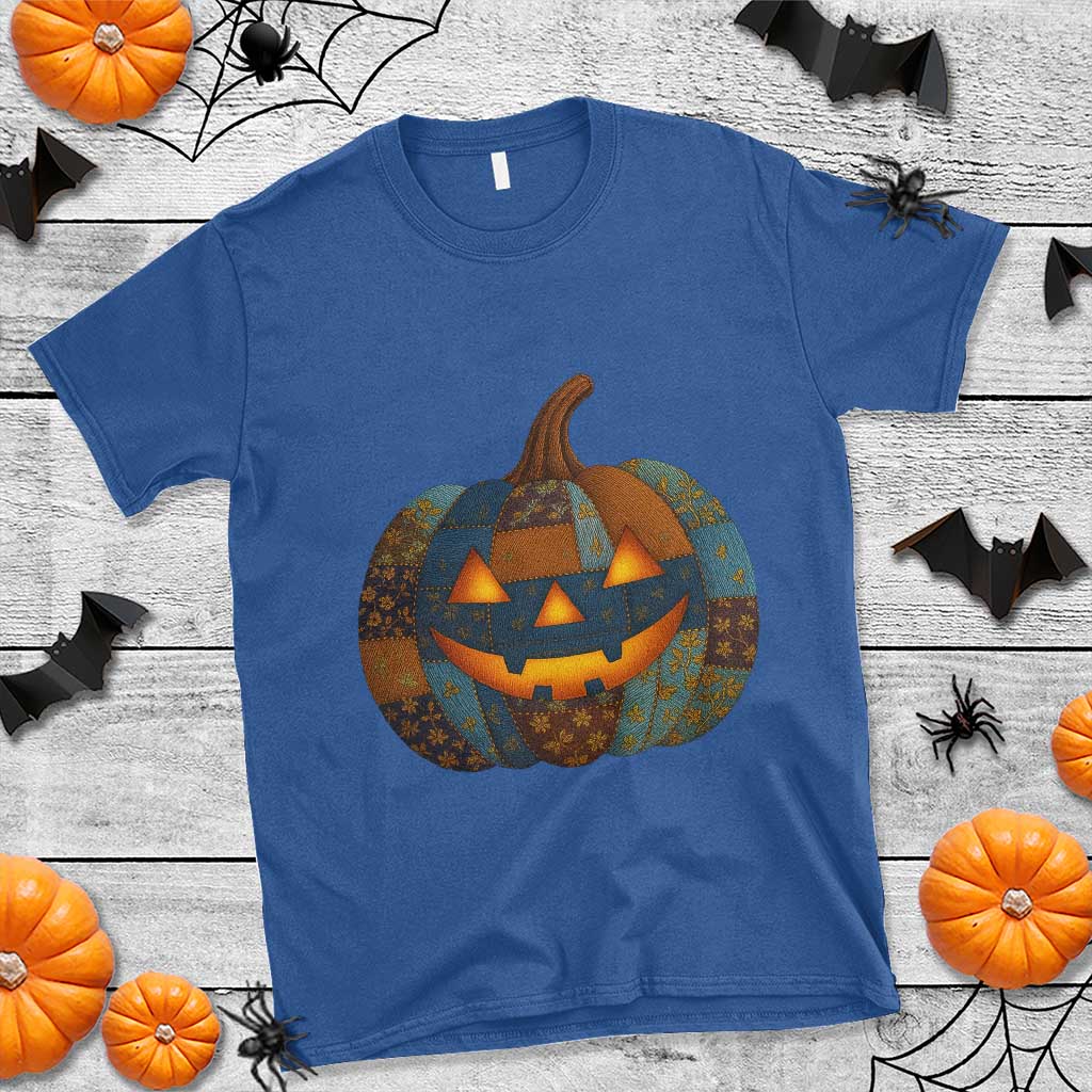 Halloween Blue Denim Patchwork Spooky Pumpkin T Shirt TS11 Royal Blue Print Your Wear